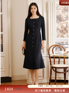 LK BENNETT深蓝方领连衣裙女冬新款优雅气质显瘦收腰长裙