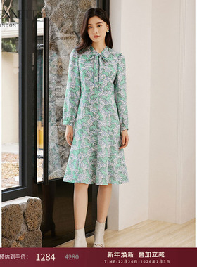 lkbennett松石绿色印花连衣裙秋新款领部蝴蝶结系带珠扣