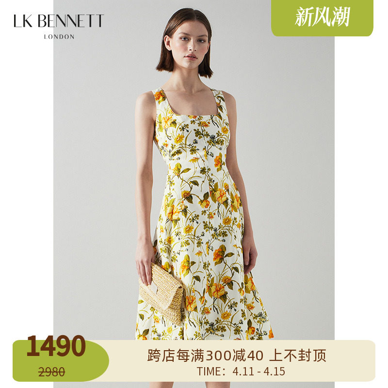 lkbennett黄色印花无袖连衣裙女夏季方领收腰a字中裙度假风吊带裙