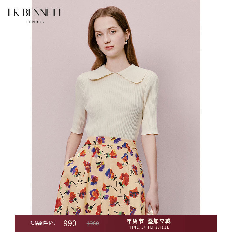 lkbennett米色娃娃领针织套头衫2025年春新款简约五分袖纯棉百搭