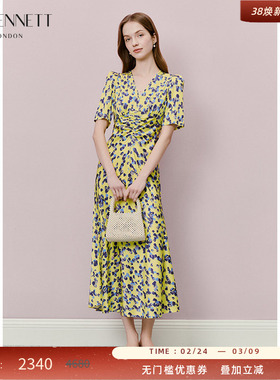 LK BENNETT黄色v领连衣裙女2025新款夏季法式收腰抽褶气质连衣裙