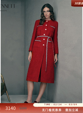 LK BENNETT红色大衣女2025年冬季圆领小香风粗花呢中长款系带外套