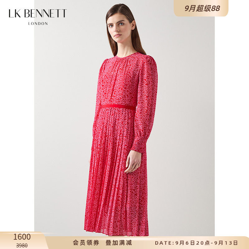 LK BENNETT红色爱心印花连衣裙女新款春季长袖薄纱百褶裙长裙