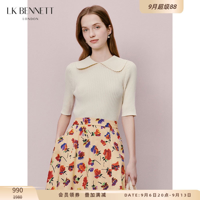 LK BENNETT米色娃娃领针织套头衫春新款简约五分袖纯棉百搭