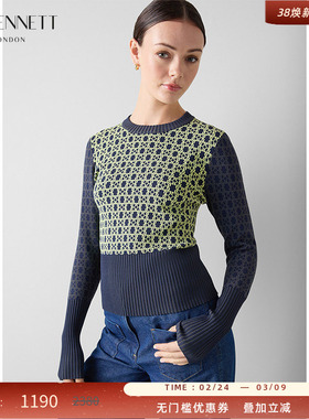 LK BENNETT深绿色针织衫女2025年秋季新款女圆领套头撞色logo印花