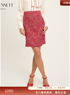 LK BENNETT红色小香风半身裙女2025年春夏新款高腰粗花呢a字短裙