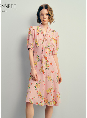 LK BENNETT粉色印花真丝连衣裙女夏蝴蝶结系带蚕丝法式a字裙气质