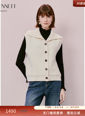 LK BENNETT米色无袖针织开衫2025冬新100%绵羊毛翻领宽松叠穿马甲