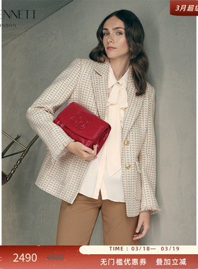 LK BENNETT米色西装外套2025冬新编织格纹流苏通勤百搭时尚外套