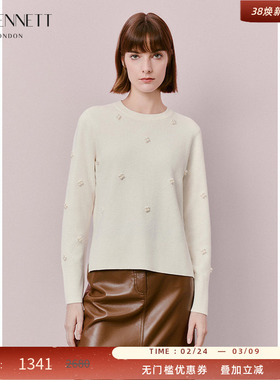 LK BENNETT米色针织衫2025秋冬新款套头圆领简约钉珠纯色开衩设计