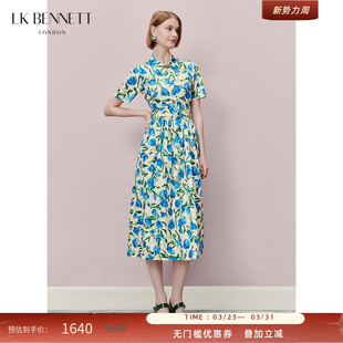 裙 本布腰带收腰衬衫 BENNETT蓝绿色纯棉印花连衣裙夏新款