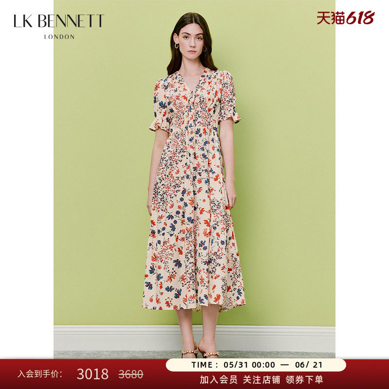 LKBENNETT法式印花v领茶歇裙