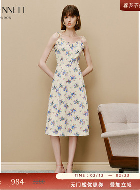 LK BENNETT米色碎花连衣裙新款高级感印花夏季小清新吊带裙