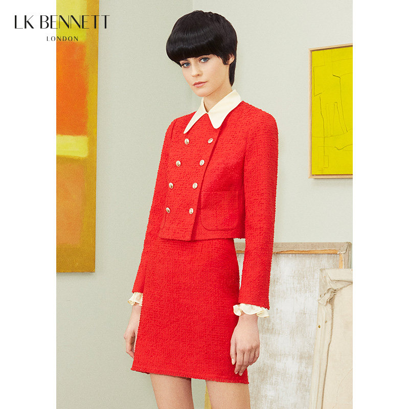 LK BENNETT红色小香风外套女短款23新款春圆领时髦洋气粗花呢夹克