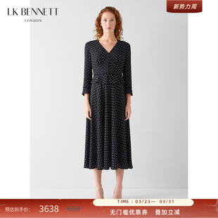 镂空花边复古优雅长裙 BENNETT深蓝波点v领收腰连衣裙26春新款