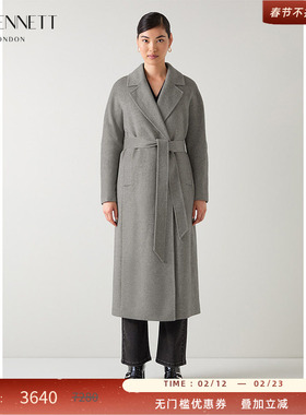 LK BENNETT灰色100%绵羊毛大衣2025冬新款一粒扣腰带极简廓形外套