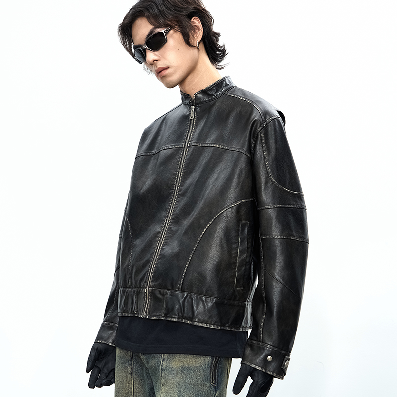 CATSSTAC水洗擦色廓形做旧皮衣