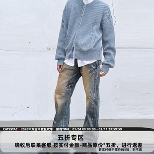 CATSSTAC 脏洗弯刀水洗牛仔裤男 宽松直筒做旧cleantit休闲长裤