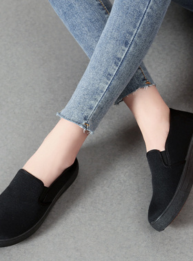 四季女鞋包邮老北京帆布鞋女款一脚蹬全黑色防滑休闲鞋子工作板鞋