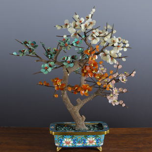 海外回流外贸出口景泰蓝玉石盆景梅花绿松石玛瑙中式摆件艺术品