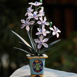 创汇时期款精品景泰蓝玉石盆景兰花中式家居案头摆件天然玉石手工