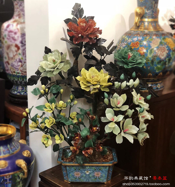 工艺景泰蓝大玉石盆景 玉堂富贵 会所大厅 大堂摆件 古玩收藏