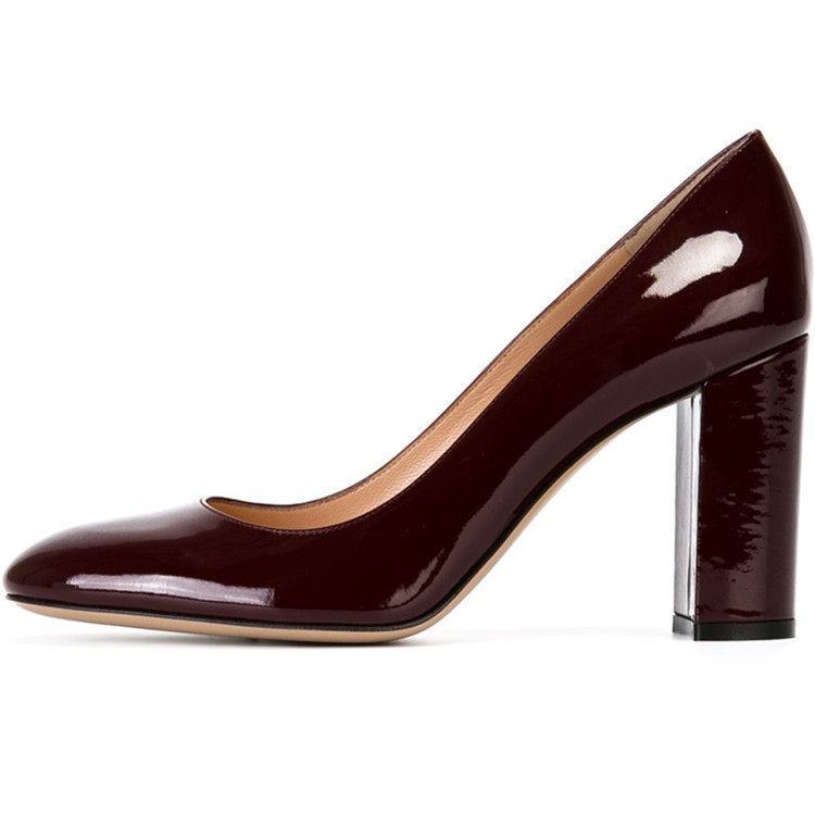 2025圆头粗跟高跟单鞋漆皮浅口百搭工作职业春夏四季瓢鞋真皮女鞋