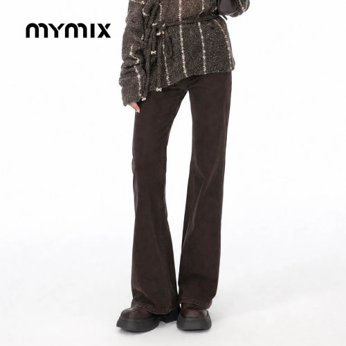 mymix水洗高腰微喇牛仔裤女