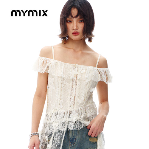 MYMIX夏甜美高腰修身露肩连身裙