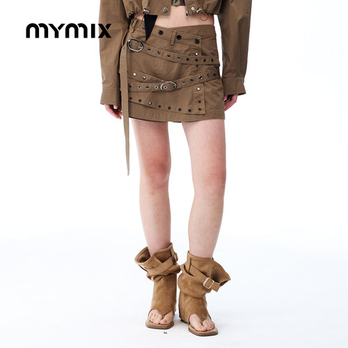 MYMIX工装铆钉高腰A字半身裙