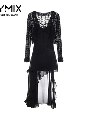 MYMIX我的组合2024秋季新款气质文艺黑色针织吊带不规则连衣裙