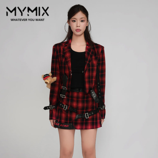 西装 MYMIX我 金属扣红色格子长袖 新款 短裙两件套 组合2024秋季
