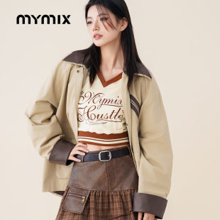 风短款 复古撞色pu皮拼接休闲宽松工装 MYMIX美式 风衣 25秋新品