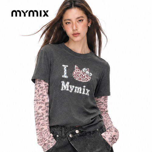 mymix冬季字母撞色长袖女T恤