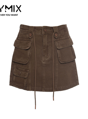 MYMIX我的组合2024秋季新款时尚复古高腰系带多口袋包臀裙半身裙