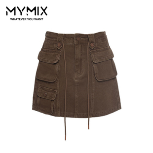 MYMIX我的组合2024秋季新款时尚复古高腰系带多口袋包臀裙半身裙