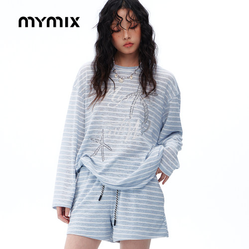 MYMIX夏季条纹长袖短裤两件套女