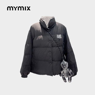 立领小熊配饰保暖羽绒服女 MYMIX加厚简约印花短款 25冬新品