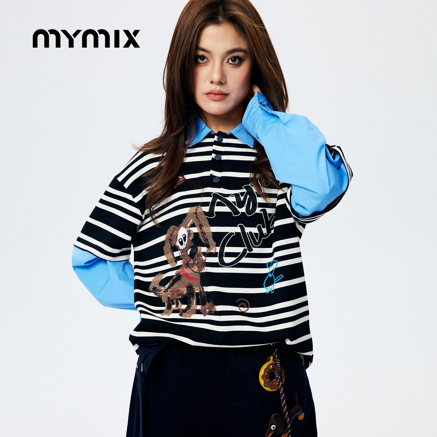 MYMIX条纹长袖修身短款衬衫女图片
