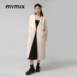 MYMIX冬季新款时尚休闲简约宽松长款外套女防风保暖绵羊毛大衣