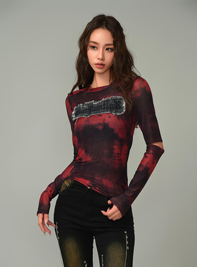 MYMIX辣妹修身T恤字母刺绣晕染镂空袖网纱长袖打底衫