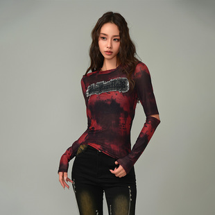 MYMIX辣妹修身T恤字母刺绣晕染镂空袖网纱长袖打底衫