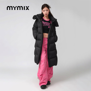 MYMIX冬季新款90白鸭绒宽松长款羽绒服休闲保暖连帽上衣外套女