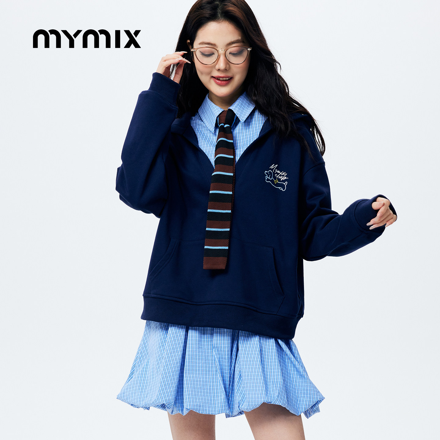 【26年春季】MYMIX时尚潮流格纹撞色拼接廓形宽松长款套裙女装