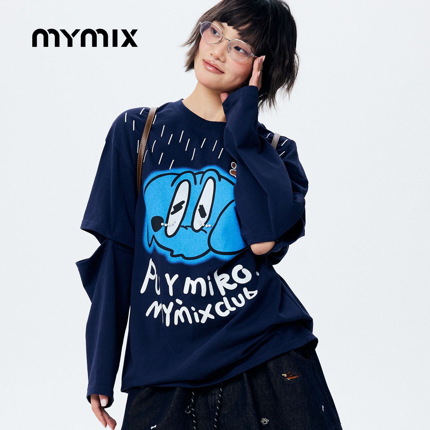 【26春新品】MYMIX美式休闲风复古宽松落肩袖涂鸦长款长袖T恤女装,女装/女士精品,T恤,淘宝优惠券,粉丝福利购,淘宝优惠卷
