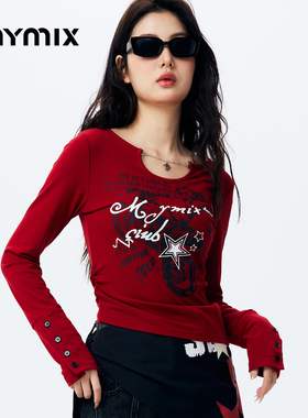 【26春新品】MYMIX休闲街头风个性字母印花修身短款长袖T恤女装