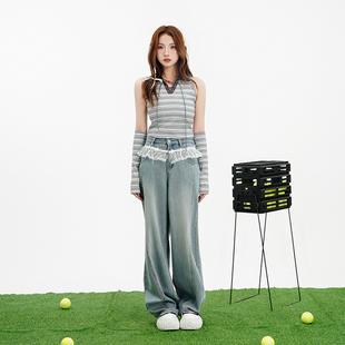 【25夏新品】MYMIX水洗蕾丝拼接高腰直筒牛仔裤垂感直筒阔腿裤女