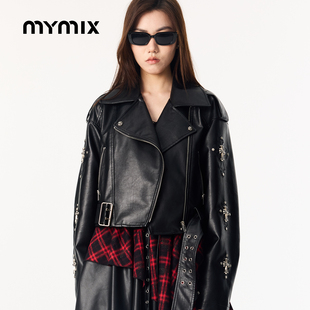 【26春新品】MYMIX机车风宽松翻领短款PU夹克休闲高级感外套女