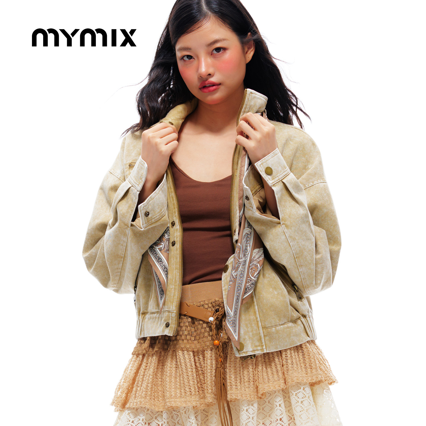 mymix26秋季新款商场同款廓形纽扣翻领拉链外套休闲夹克官方女装图片