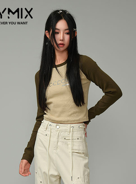 MYMIX我的组合2024冬季新款女装时尚圆领字母拼色长袖长款T恤